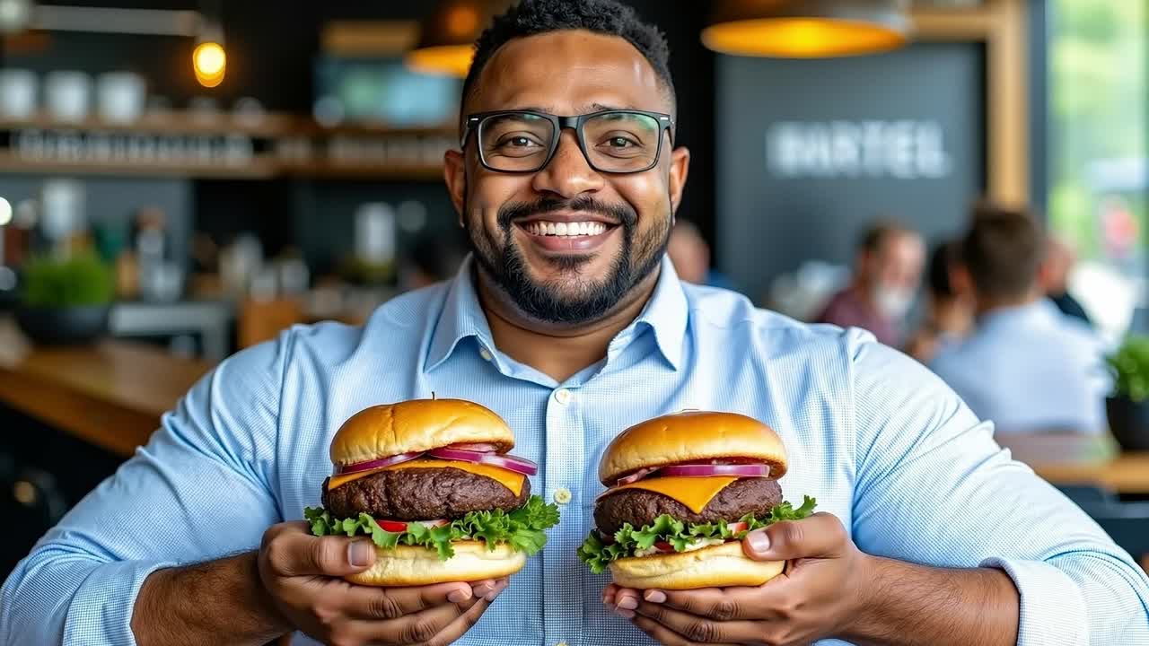un hombre con dos hamburguesas en las manos
