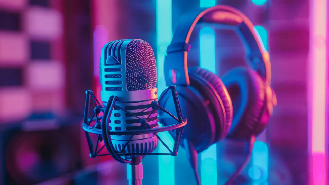 Microphone and Headphones in a Neon-Lit Recording Studio