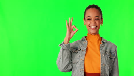 Happy-woman,-OK-hand-gesture-and-green-screen