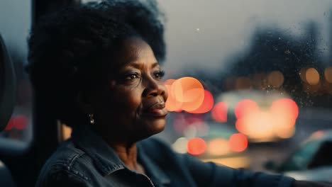 woman sitting in a car's passenger seat gazes thoughtfully out the window at the bustling traffic in the city at night