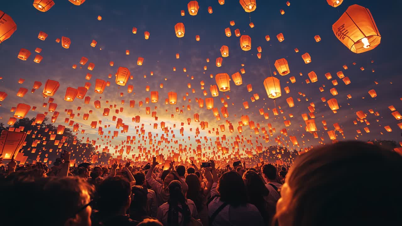 Lighting lanterns, dense crowd releasing glowing lanterns at dusk, celebrating, filming on phones