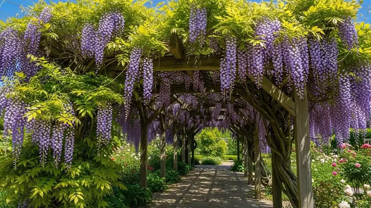 A Beautiful Garden Pathway Adorned with Vibrant Purple Wisteria Blooms in Full Display, Creating a Serene and Enchanting Atmosphere for Visitors