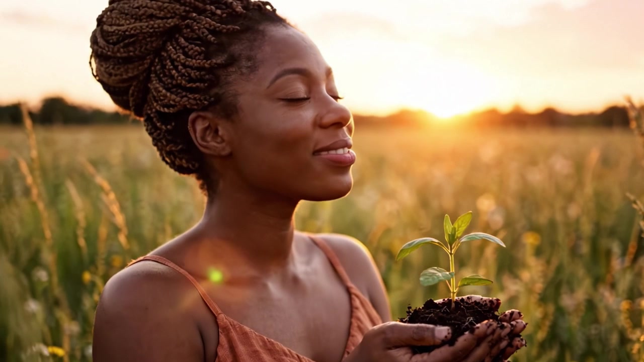 Embracing Nature: A Young Woman Nurturing a Plant in Her Hands Against a Golden Sunset in a Lush Field, Celebrating Growth and Harmony with the Environment