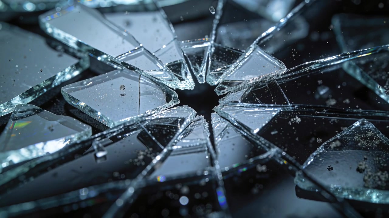 Showing shattered glass panel reacting to slow light shift in macro studio, starburst hole glinting
