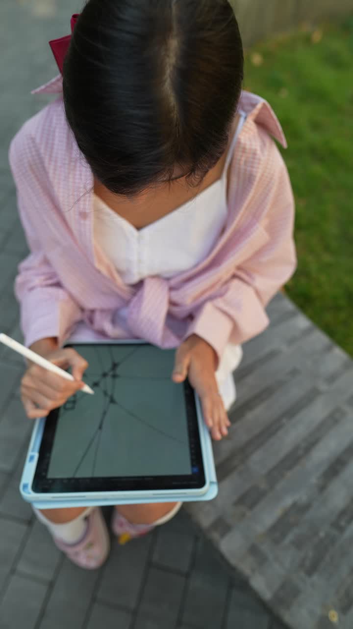 chica dibujando en una tableta en un parque