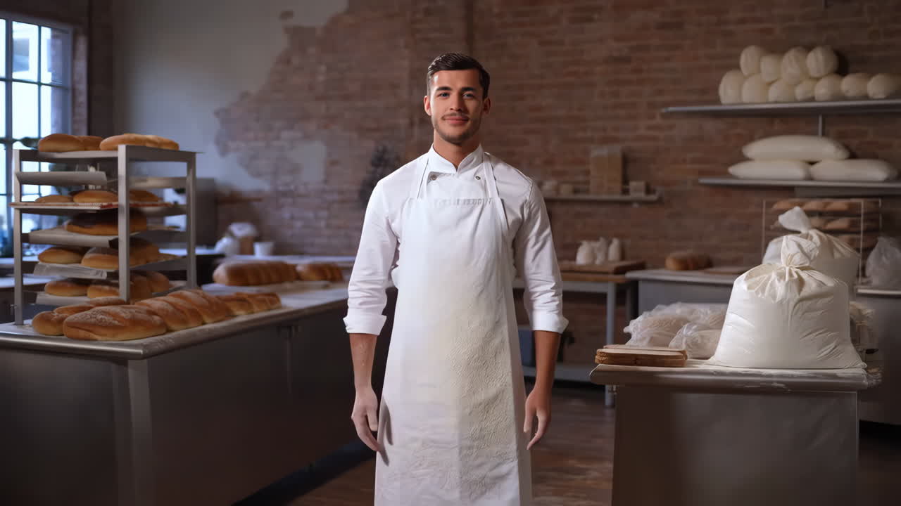 Giovane panettiere che batte le mani con la farina in una panetteria tradizionale