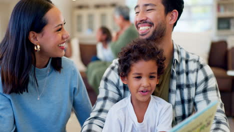 Happy-parents,-child-and-reading-book-in-family