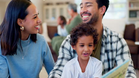 happy parents, child and reading book in family