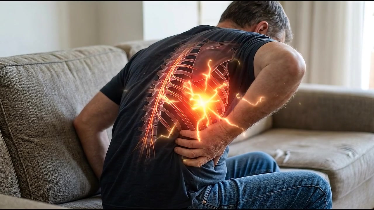 Uomo che soffre di mal di schiena con visualizzazione animata di lesione spinale