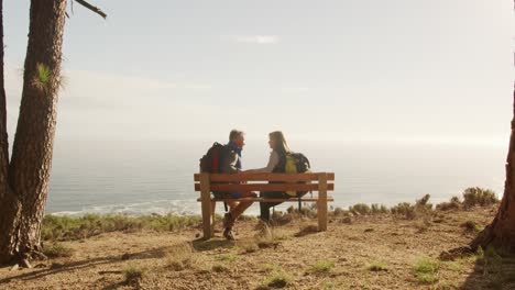 pareja de ancianos activos sentados en un banco en el bosque
