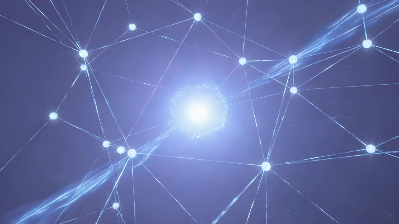 Pulsing central orb sending electric streams across dark blue network, lighting nodes