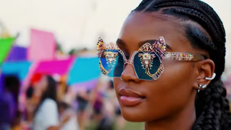 mujer en un festival con gafas de sol elegante