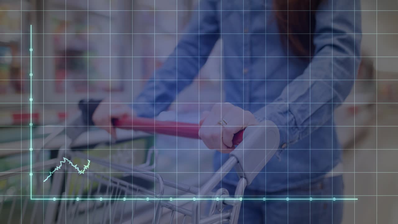 Female shopper pushing cart in grocery aisle, animated grid trace rising over handle after walking