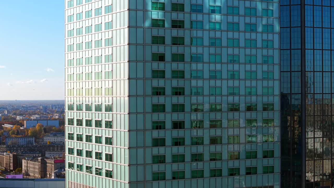 Intercontinental hotel, Varso Tower, buildings facade, aerial parallax