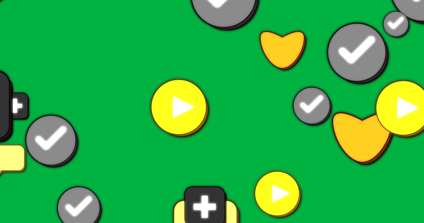 Frame changing, badges clustering, yellow play icons scaling, emphasizing play on transparent bg