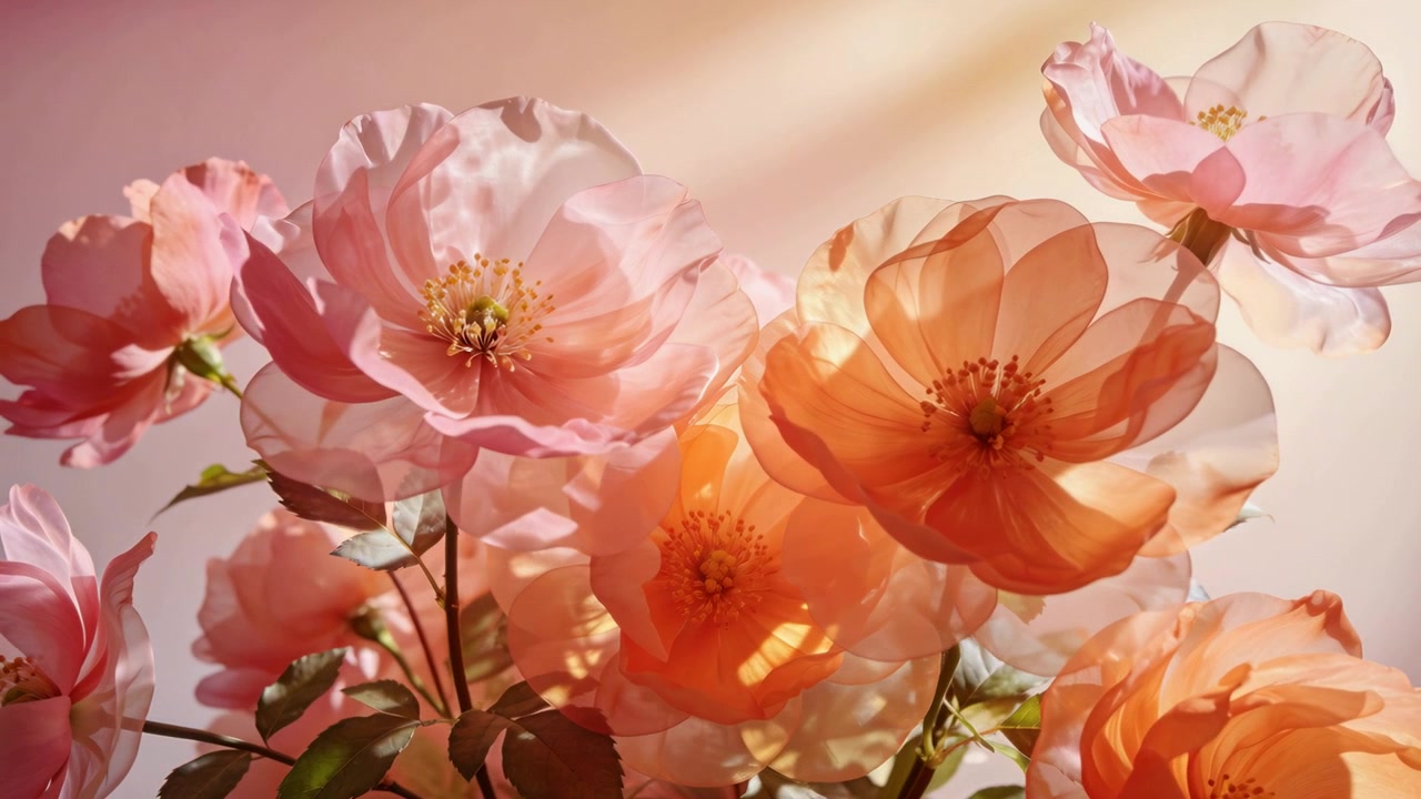 Luce mutevole e una leggera brezza muovono un grappolo di rose rosa-arancio in studio, facendo ondeggiare i petali.