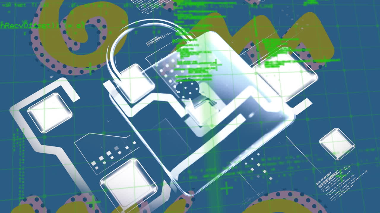 추상적인 모양과 데이터 처리에 대한 보안  ⁇ 락 아이콘의 디지털 애니메이션