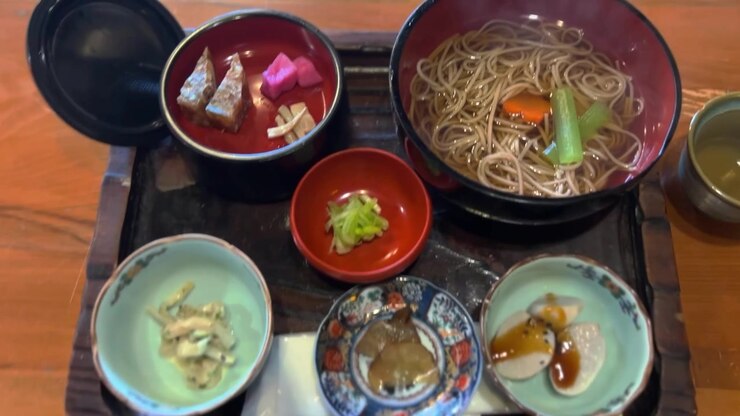 Set pasto di zuppa di noodle vegana giapponese in lacca