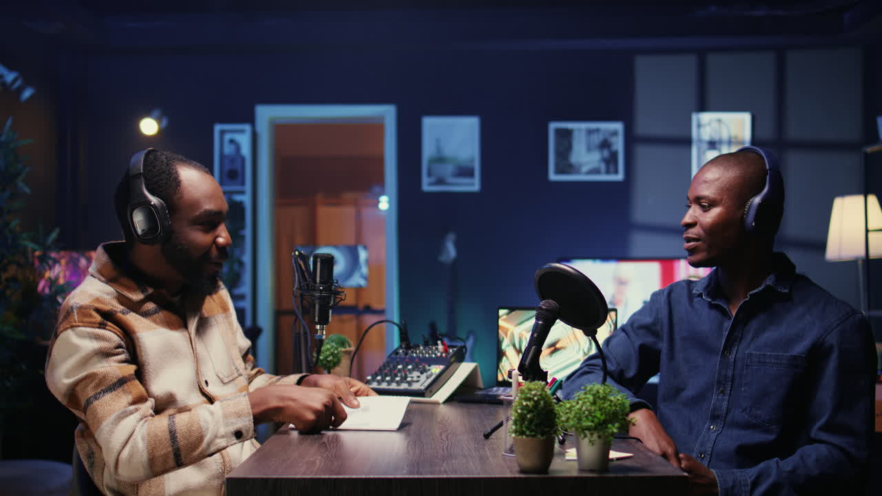 Influencer fist bumping man, greeting him before starting podcast