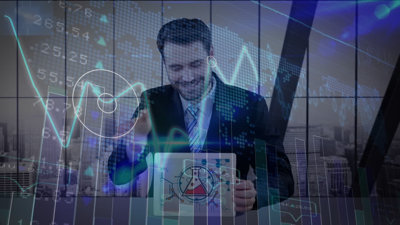 animación del procesamiento de datos sobre un hombre caucásico usando una tableta