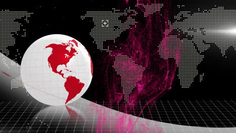 globe with red continents resting on reflective grid with swirling magenta particles over world map