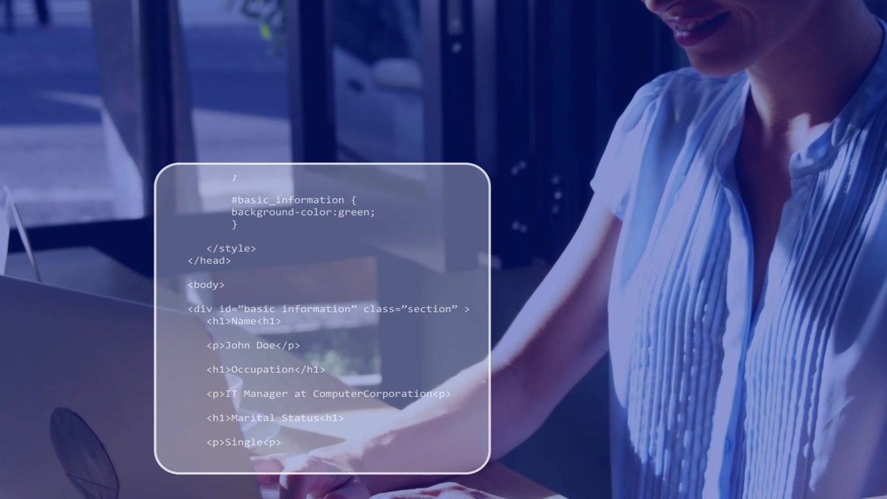 Female coder typing laptop faint code panels appearing while camera pulling back developing web app
