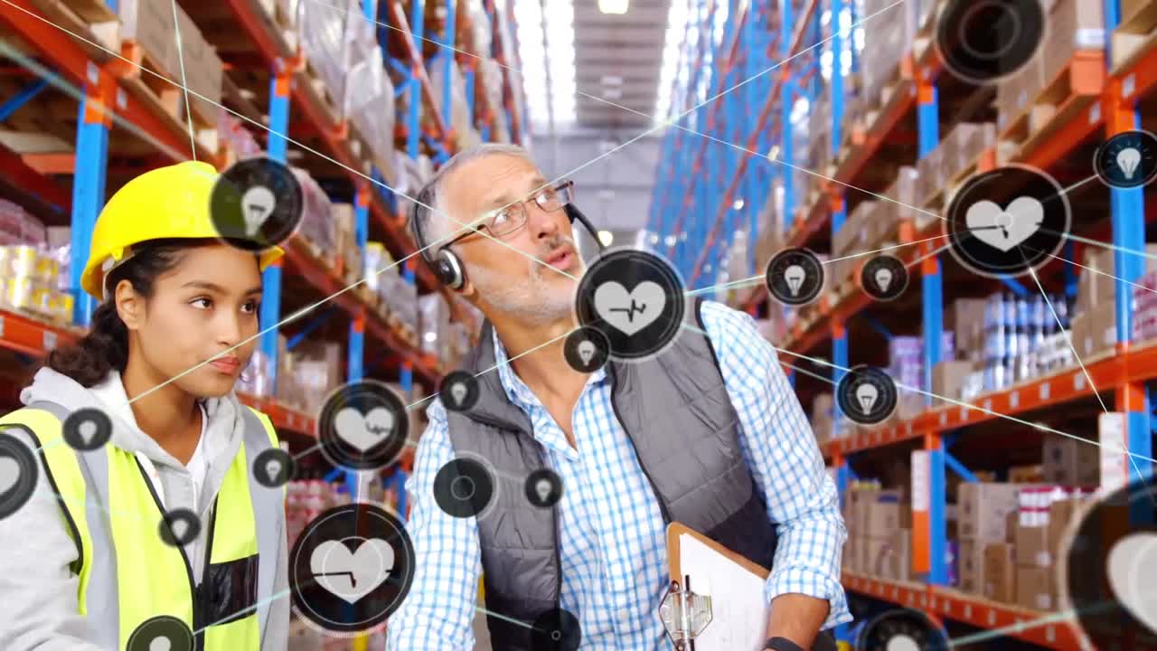 animación de la red de conexiones entre diversas personas que trabajan en el almacén