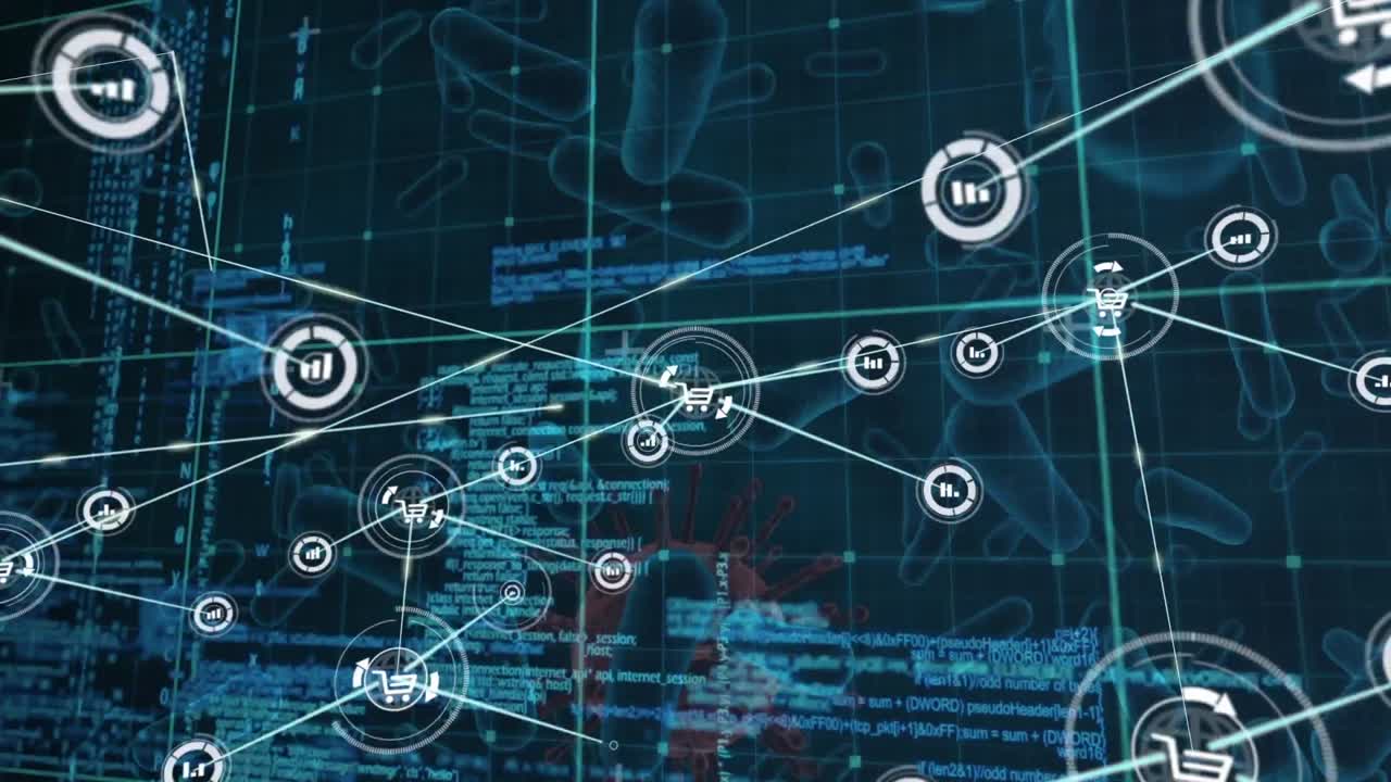 Network of digital icons and data processing against multiple covid-19 cells on blue background