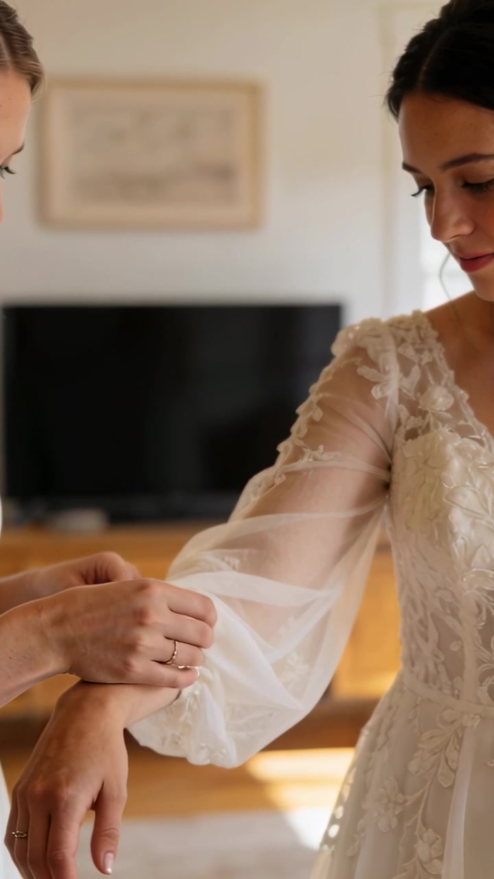 Pre-ceremony bride holding arm while helper rolling, tucking, pinning sheer sleeve cuff