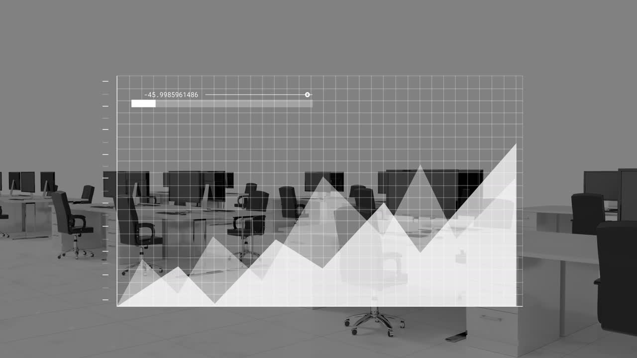 animación del procesamiento de datos estadísticos frente a una oficina vacía