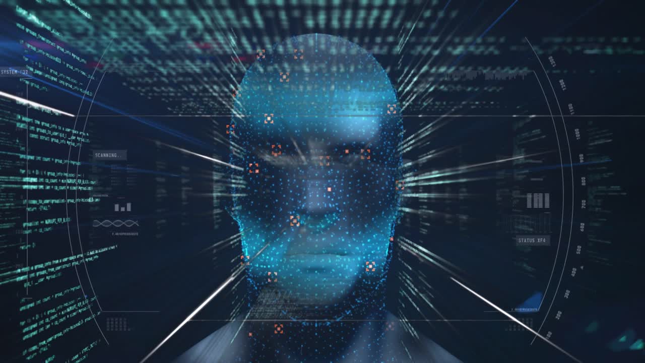 animación de la cabeza humana brillando con el procesamiento de datos de la interfaz digital