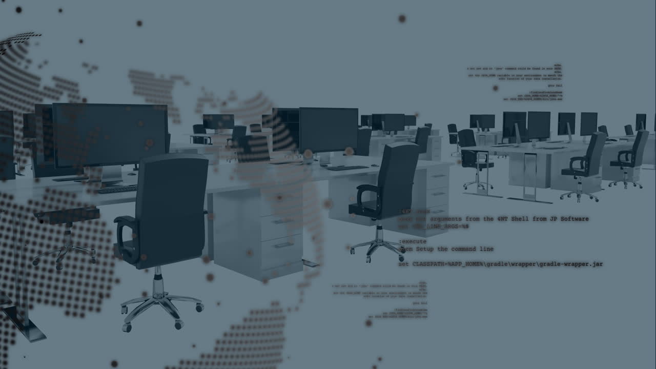 빈 사무실에 대해 회전하는 지구와 데이터 처리의 애니메이션