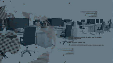 animation of spinning globe and data processing against empty office