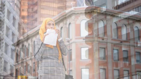 animation of asian woman in hijab eating in city over cityscape