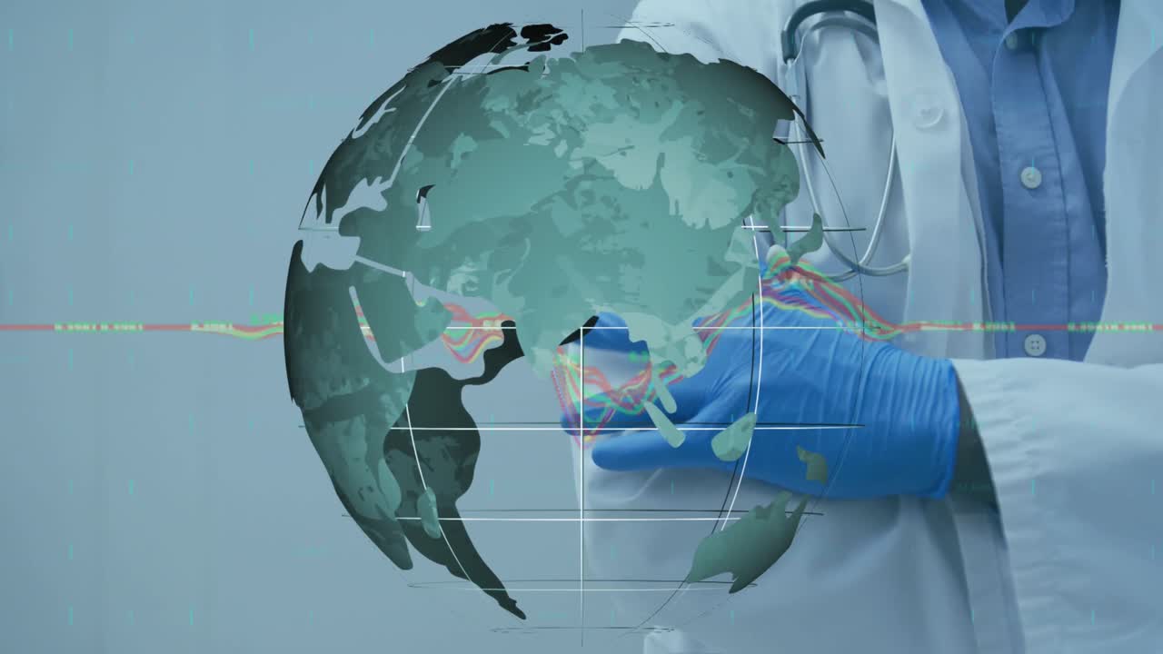 Анимация обработки данных, вращающегося глобуса над торсом врача-мужчины на синем фоне.