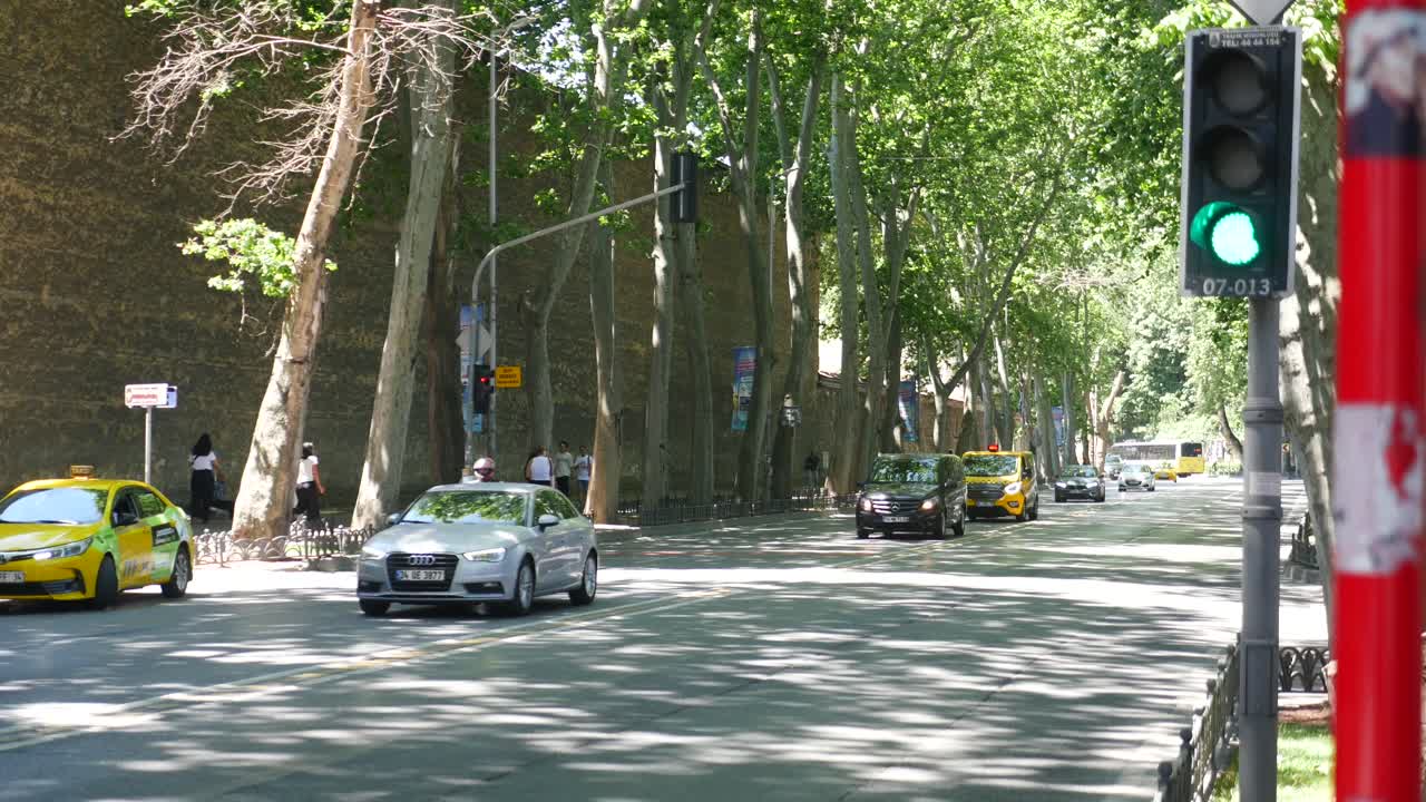 자동차 와 나무 들 이 있는 도시 거리 장면