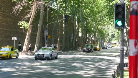 escena callejera de la ciudad con coches y árboles