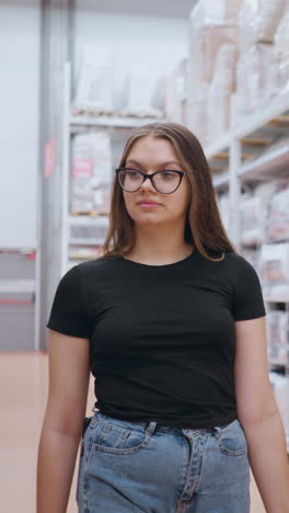 joven con camiseta negra y vaqueros caminando por el pasillo del supermercado cerca de productos textiles, centrándose en las mercancías expuestas en los estantes, con ropa de cama y artículos esenciales para el hogar ordenadamente dispuestos