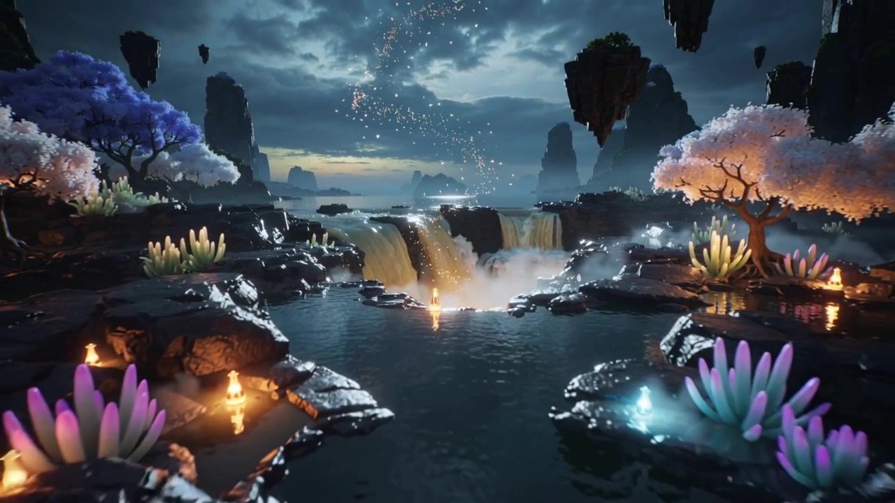 Vista panoramica che rivela una cascata luminosa che si riversa in una pozza incandescente, inviando scintille verso il cielo.