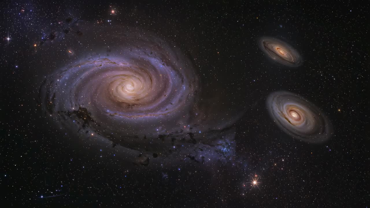 Sequenza di fotogrammi che mostrano una grande galassia a spirale ruotare e contorcersi nello spazio profondo con altre galassie