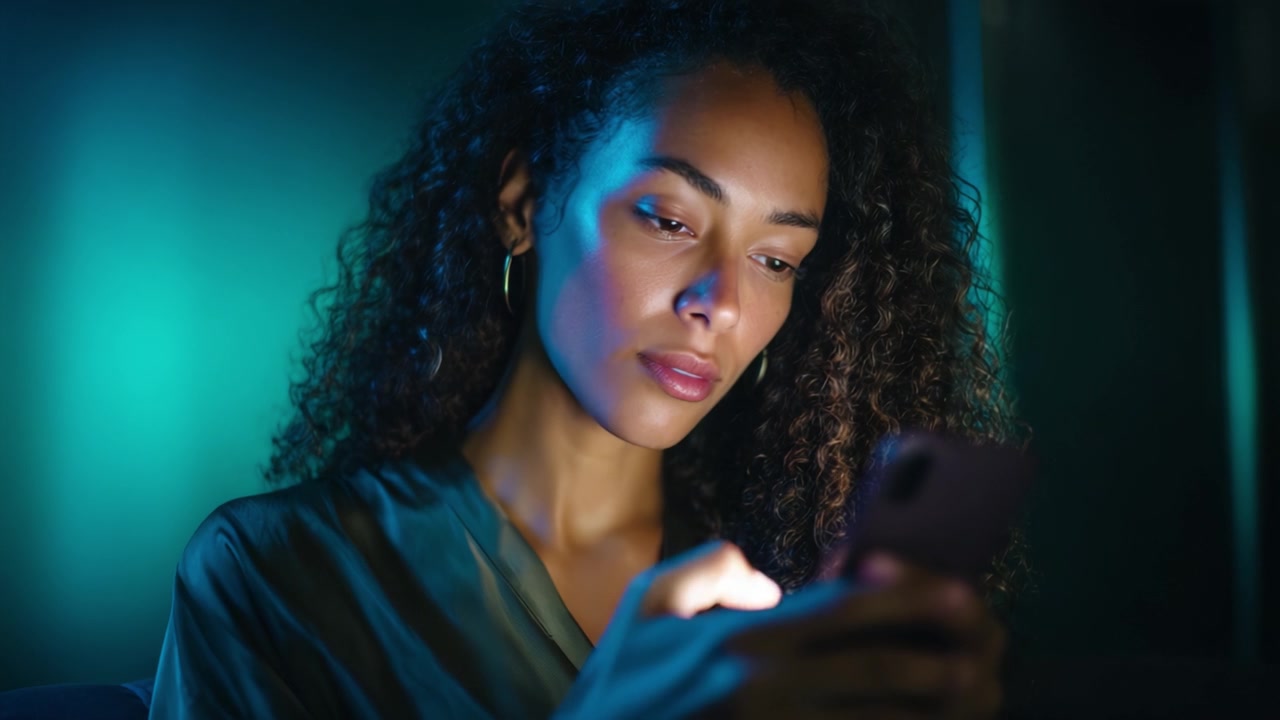 A young woman with curly hair is absorbed in her smartphone, illuminated by a soft blue light, conveying a sense of focus and modern digital engagement.