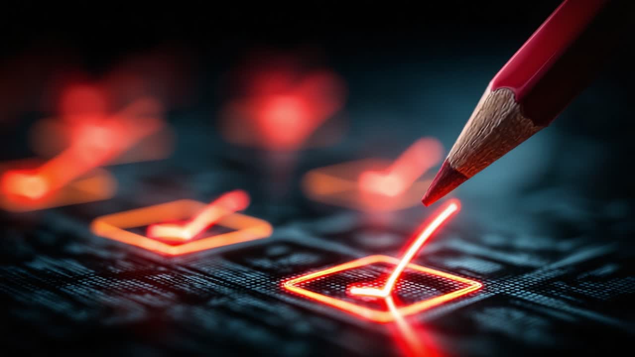 A Close-Up of a Red Pencil Marking Checkboxes on a Dark Textured Surface, Illustrating the Concept of Completion and Approval in Digital or Administrative Tasks