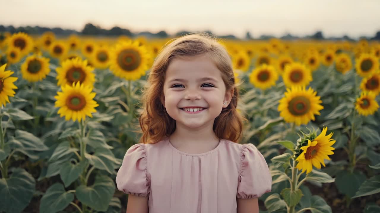 Portrait of a cheerful young girl with long brown hair and pink dress, enjoying the beauty of a sunflower field on a bright summer day, expressing happiness and carefree spirit