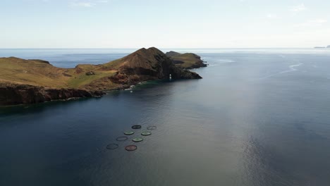 Fish-Farm-In-The-Bay-Near-Ponta-de-Sao-Lourenco-In-Madeira-Island,-Portugal