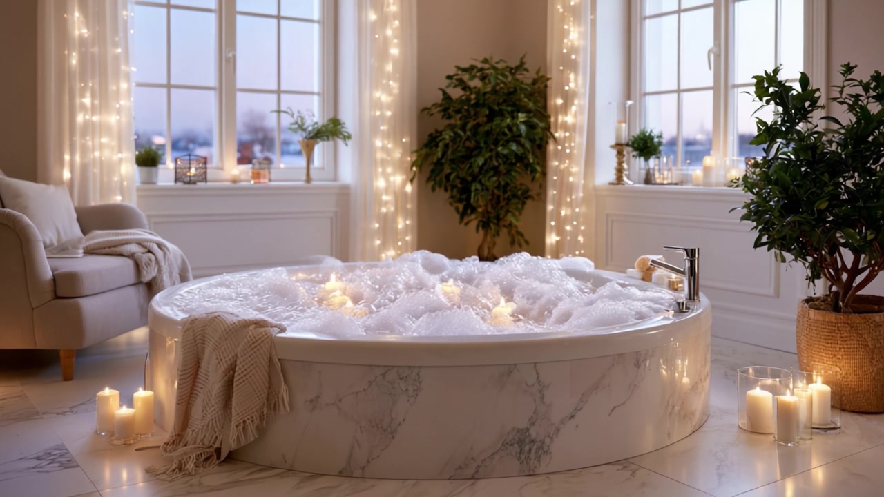 Un Rifugio Spa Sereno: Concediti Lussuosi Bagni Schiumosi Circondato da Luci Soffuse, Piante e Tessuti Morbidi per un'Esperienza di Relax Perfetta a Casa.