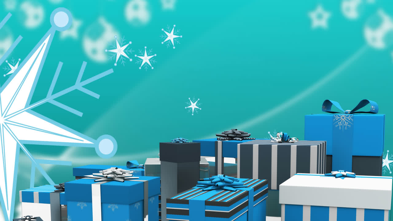 animación de regalos de navidad sobre estrellas y fondo azul