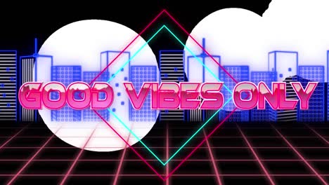 animation of good vibes only in digital space with cityscape