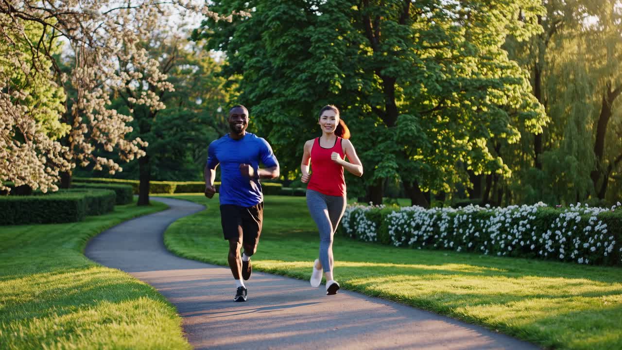 una pareja corriendo en el parque.