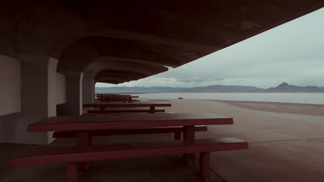 empty picnic area by the lake with mountain view