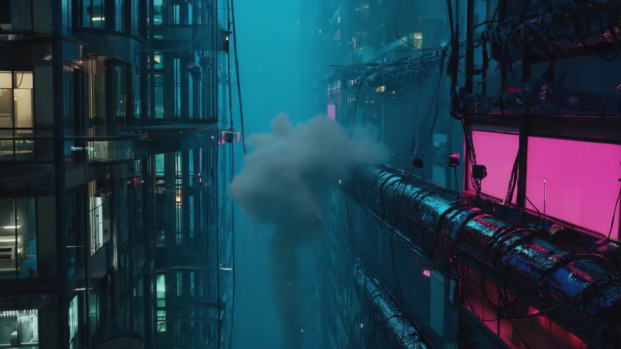 Cyberpunk Cityscape with Neon Lights and Smoke